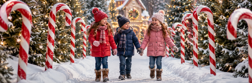 Children walking through a snowy winter wonderland lined with candy canes, glowing lights, and festive Christmas decor.