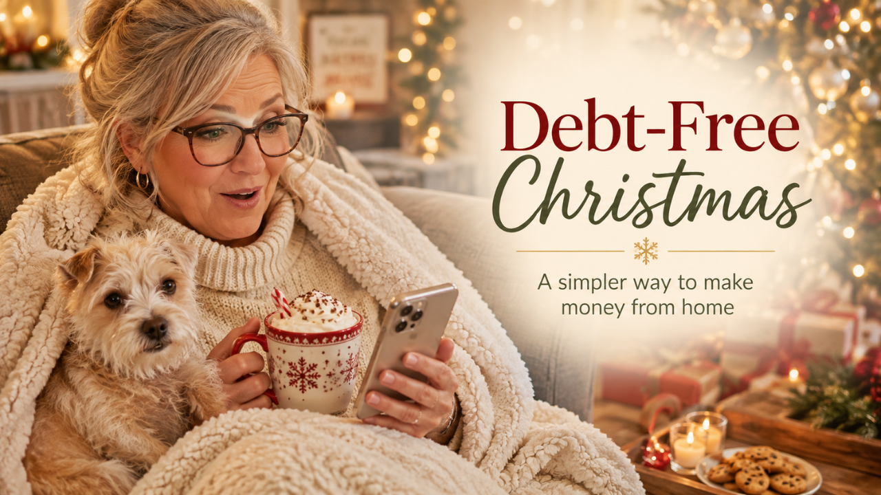 Silver-haired woman with her small dog, hot cocoa and phone beside a Christmas tree.