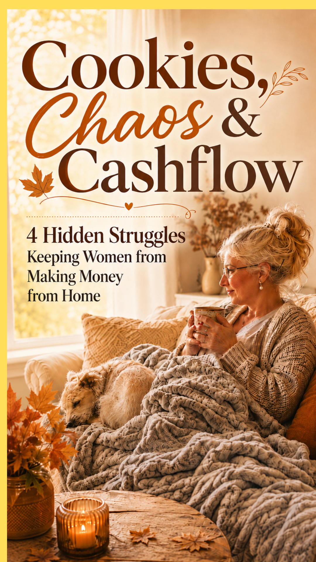 Cozy autumn graphic of Roxanne Lynch with her dog, featuring the text “Cookies, Chaos & Cashflow.”
