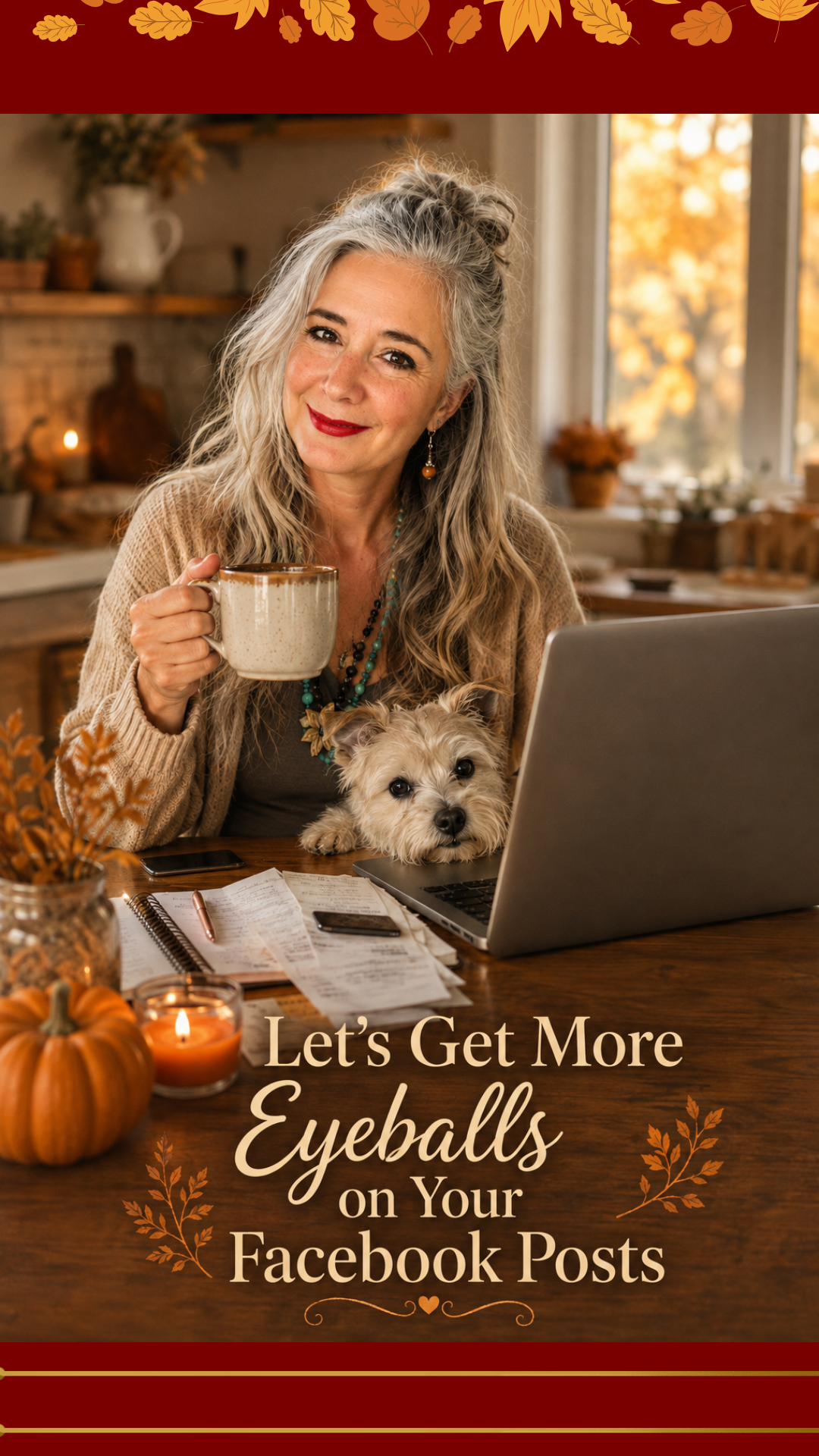 Roxanne Lynch with silver hair holding a coffee mug beside a laptop and small dog at a cozy autumn workspace.