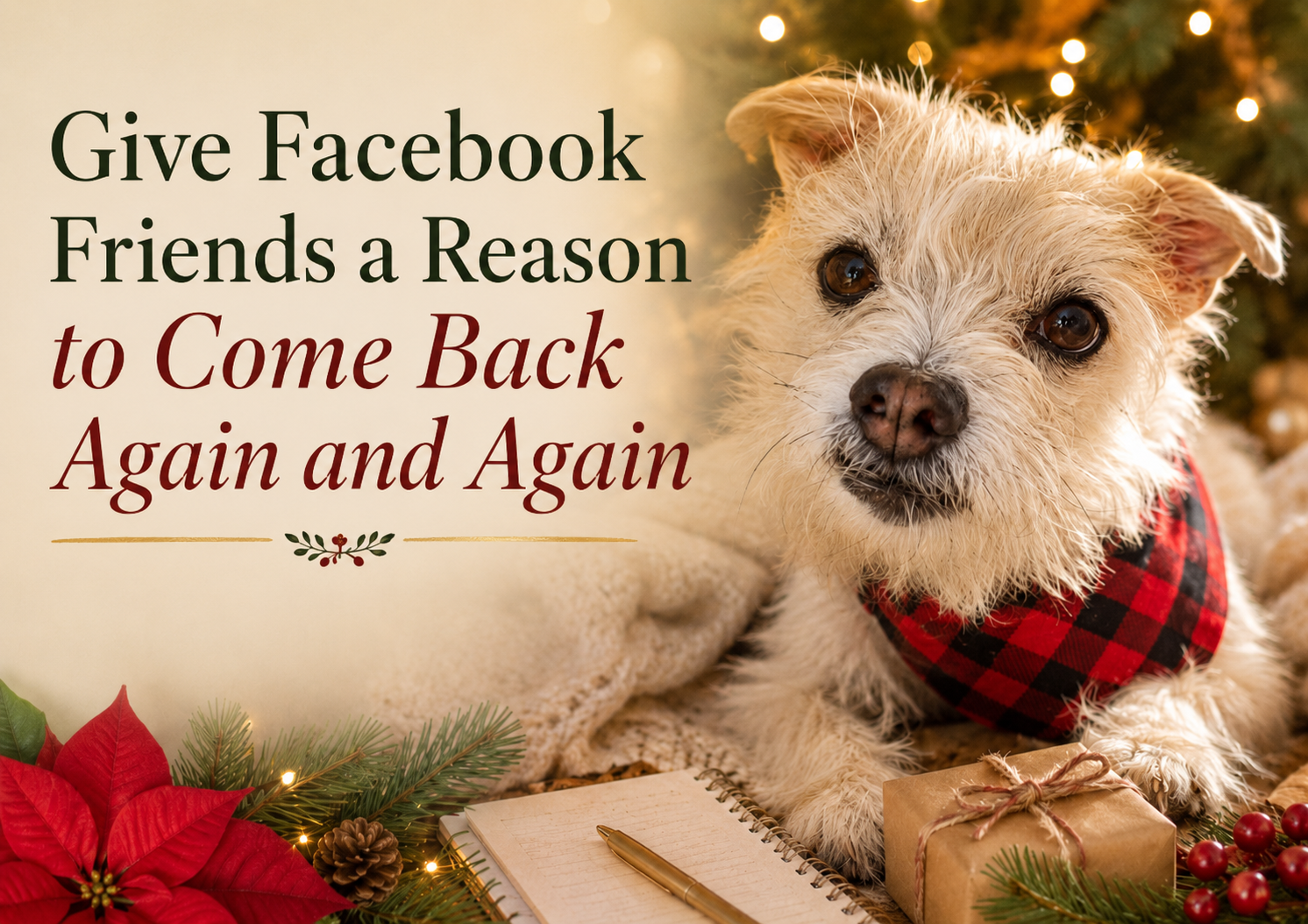 Holiday graphic with Lexi the puppy and the text “Give Facebook Friends a Reason to Come Back Again and Again.”