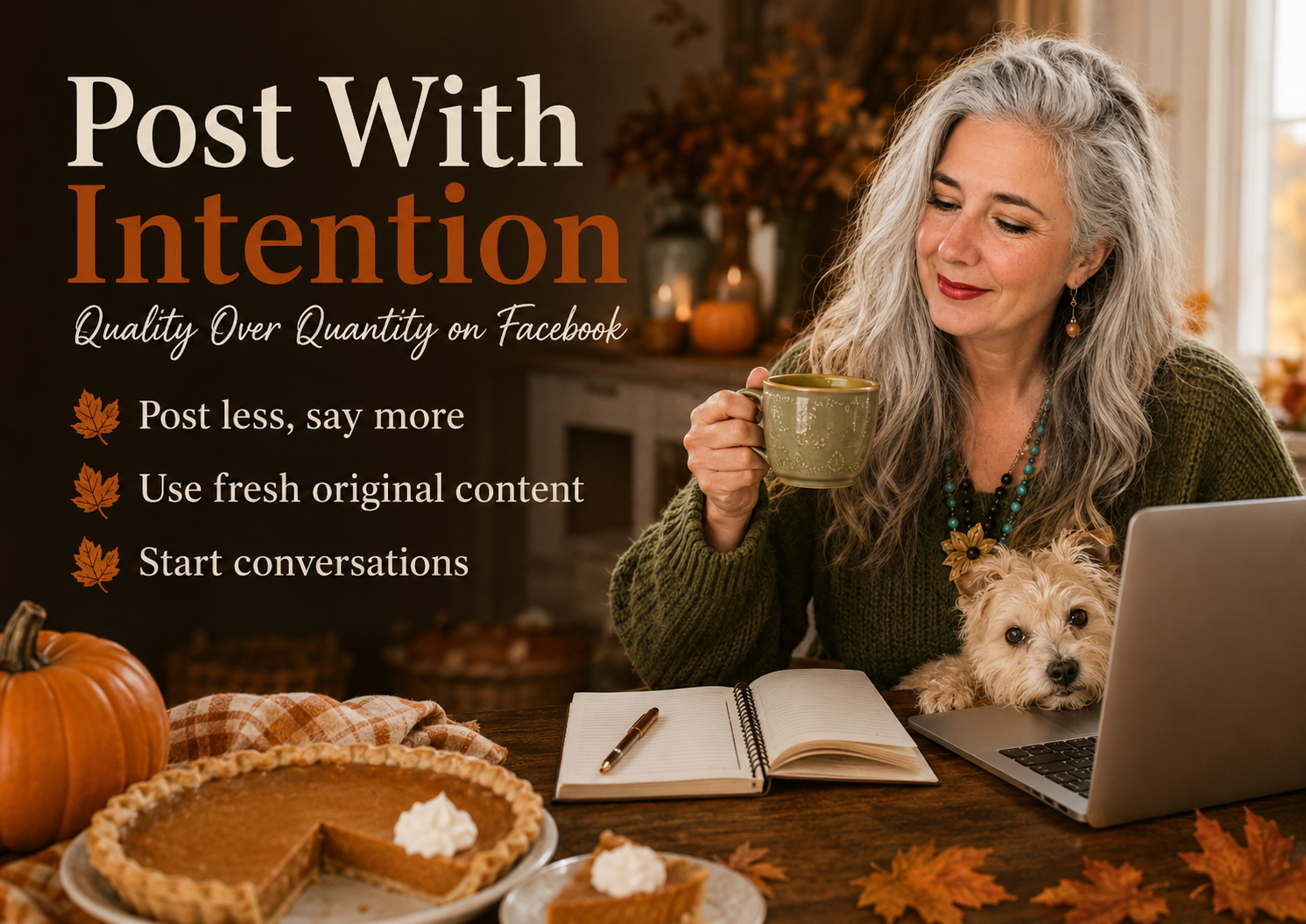 Roxanne Lynch, Silver-haired woman with coffee and small dog beside a laptop, notebook, and autumn décor, illustrating quality over quantity on Facebook.