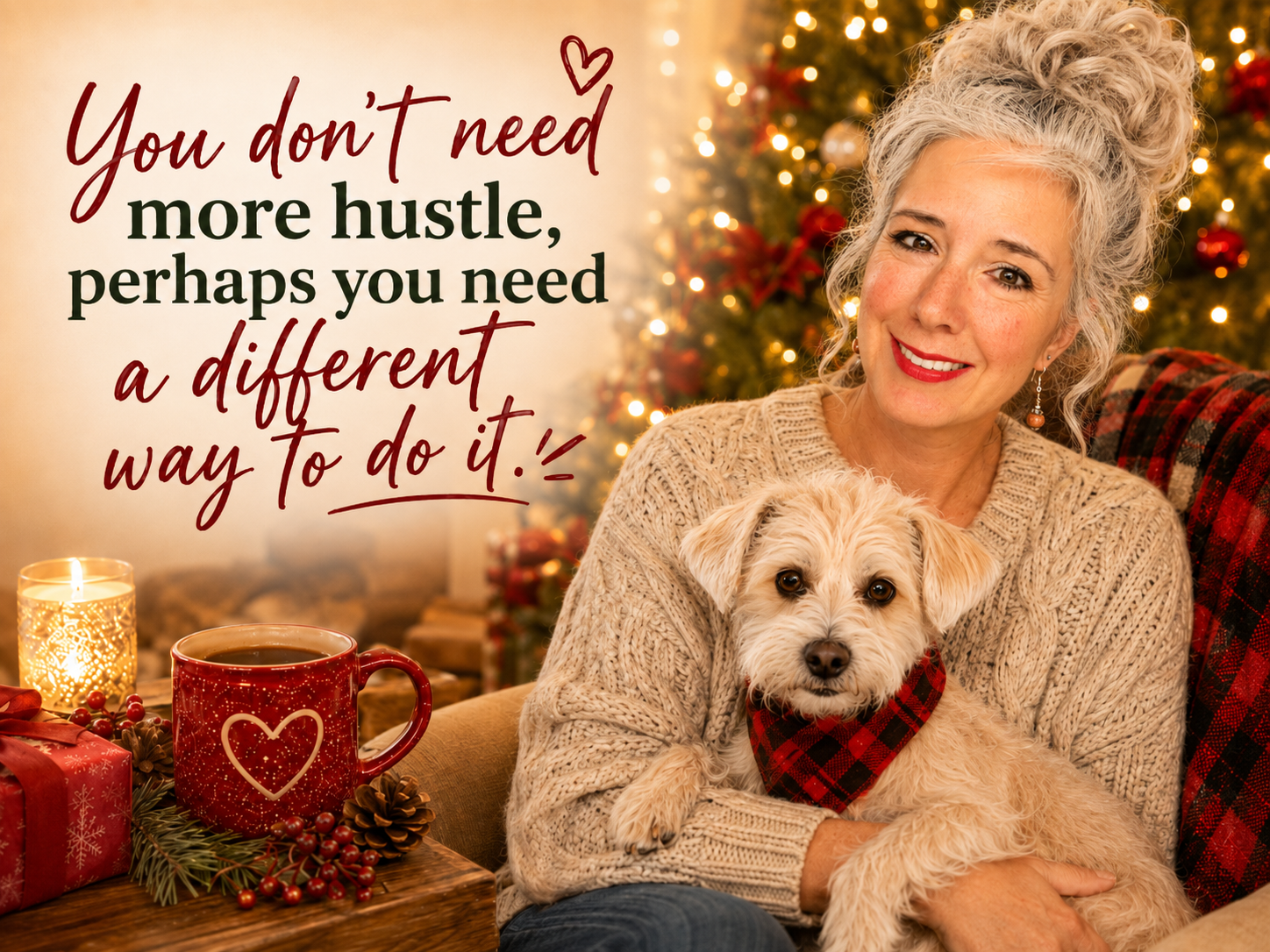 Roxanne Lynch Silver-haired woman cuddling her small dog beside a Christmas tree.
