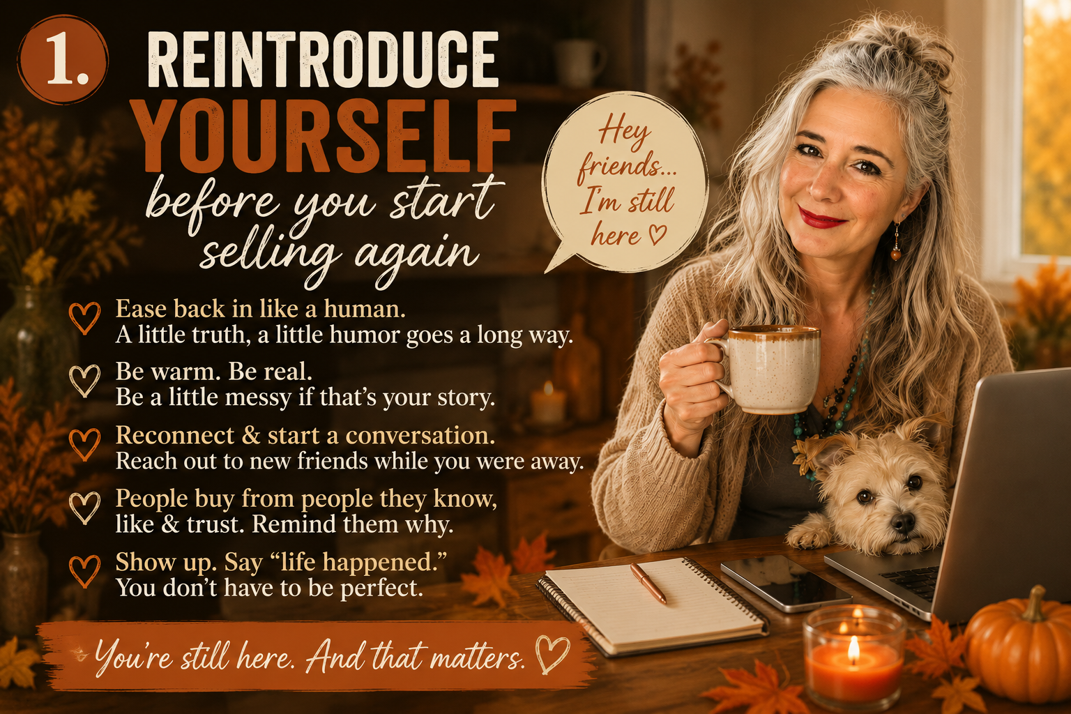 Roxanne Lynch with coffee beside a laptop in a cozy autumn workspace, illustrating how to reintroduce yourself on Facebook after a break.