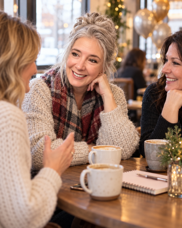 Three women in a cozy winter café chatting over coffee, with soft New Year decor and warm lights in the background.