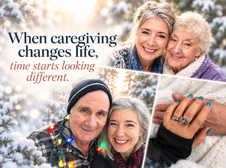 Gen X woman Roxanne Lynch with her aging parents in winter photos, including Christmas lights and a close-up of hands, illustrating how caregiving can change how time and money feel after 50.