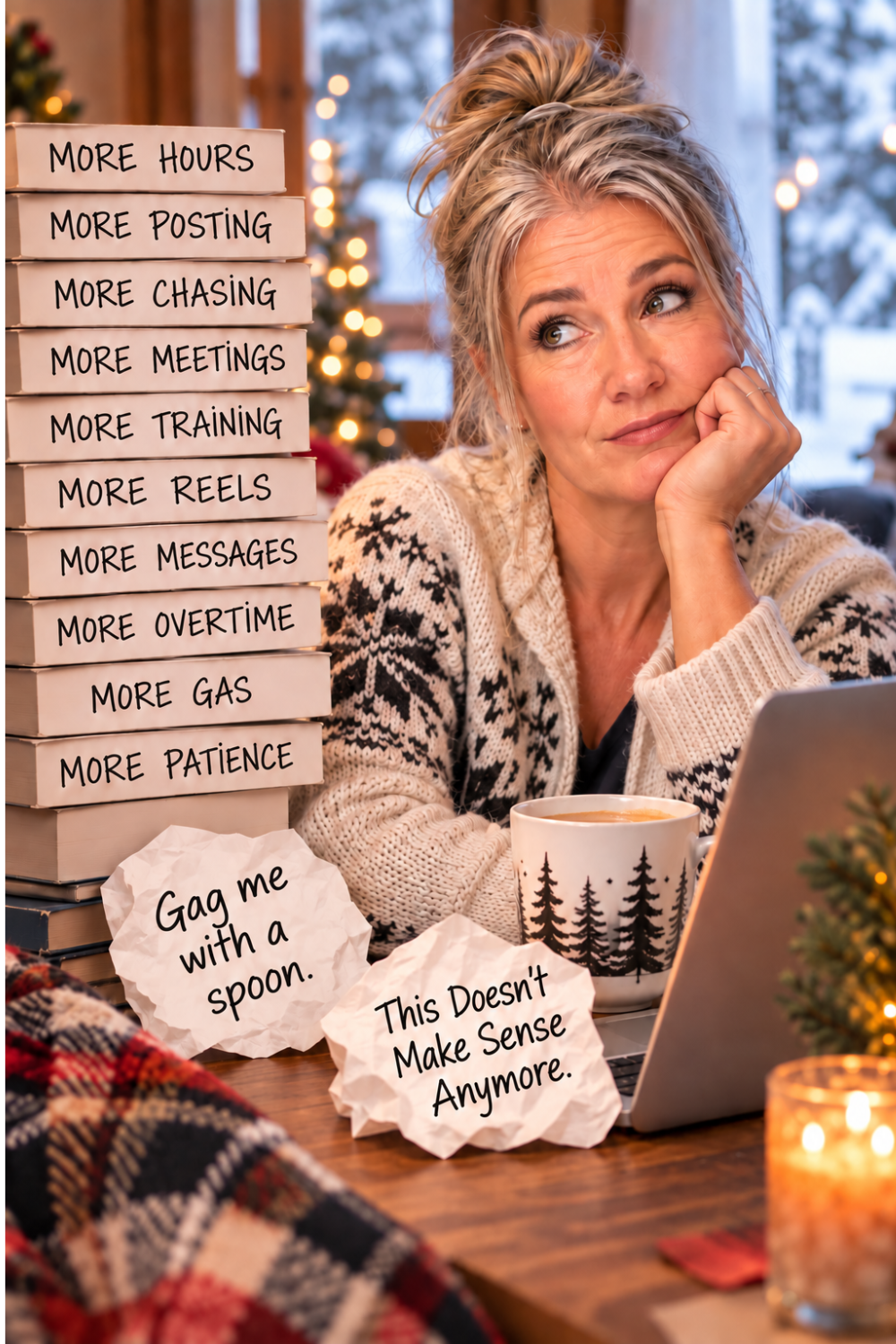 Gen X woman at a laptop beside a stack of “more hours, more posting, more chasing” tasks, with crumpled notes reading “It’s not adding up anymore” and “This doesn’t make sense anymore.”