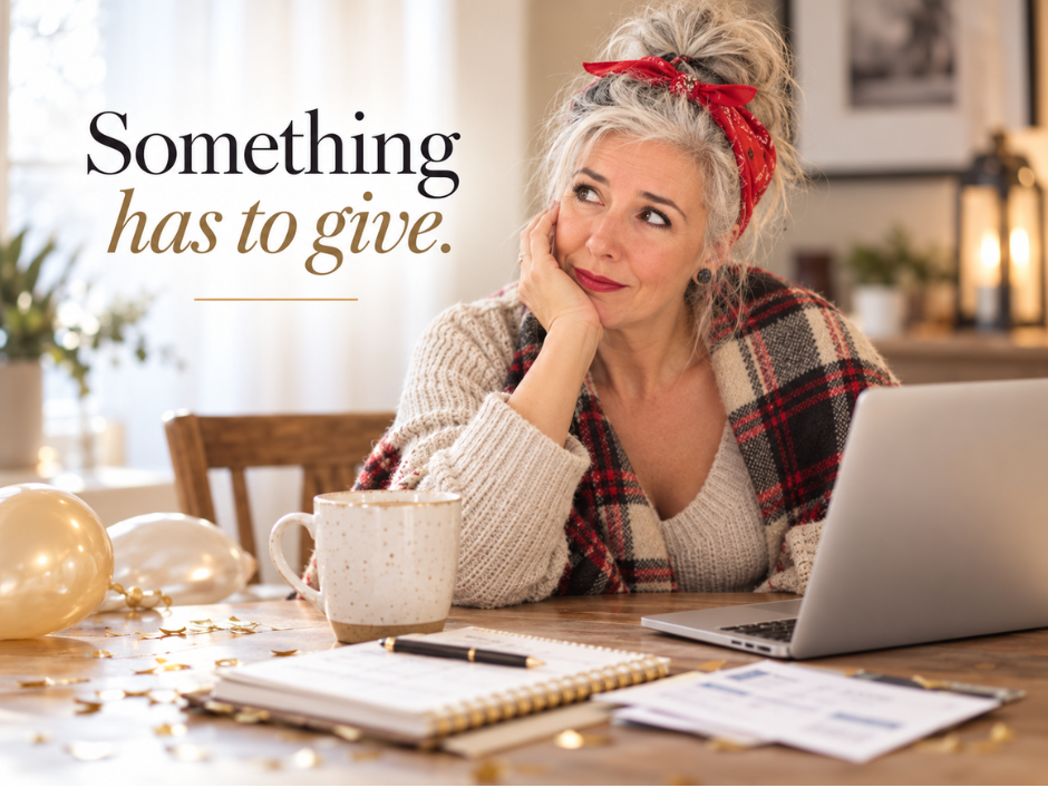 Gen X woman Roxanne Lynch in a plaid wrap sitting at a kitchen table after New Year’s, looking thoughtful beside coffee, a laptop, planner and bills, with the words “Something has to give.”