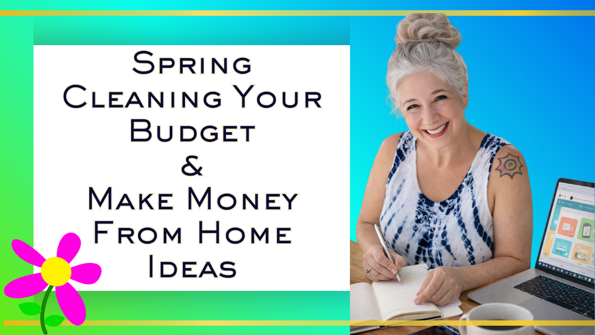 Spring cleaning your budget concept showing ways to save money, reduce monthly expenses, and find simple ideas to make extra income from home.
