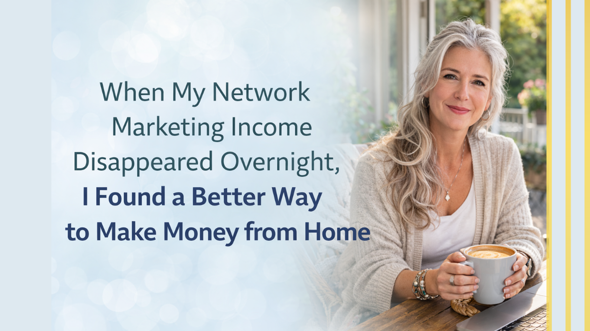 woman working from home with laptop and coffee after leaving network marketing, exploring digital marketing for beginners and new ways to make money from home