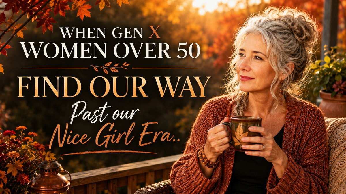 Gen X woman over 50 with silver hair holding a coffee on an autumn porch, reflecting on moving beyond her nice girl era and creating a life on her own terms.