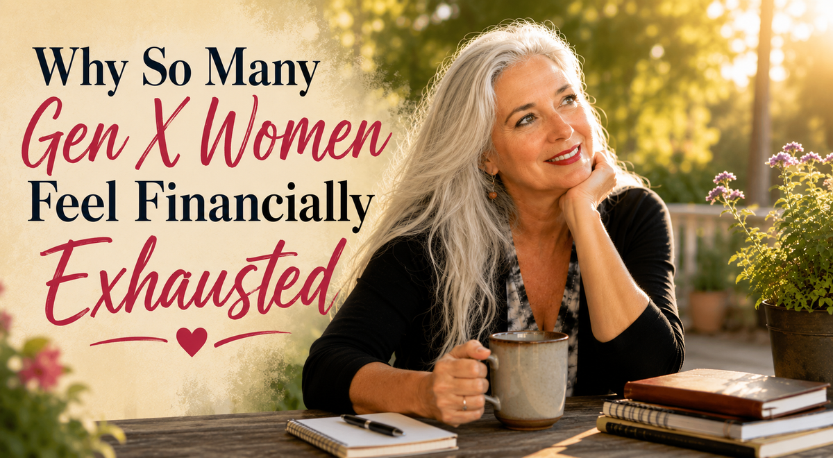Roxanne Lynch, Gen X woman relaxing outdoors with coffee in warm morning light beside talking about financial exhaustion and making extra money from home solutions.