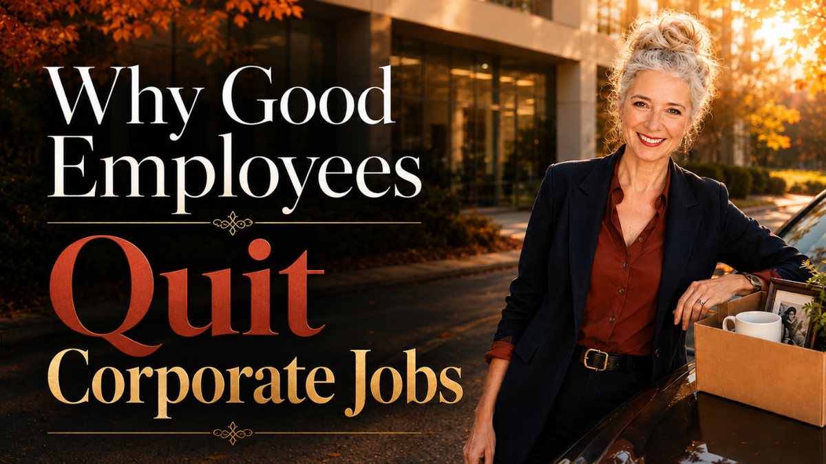 Roxanne smiling beside her car outside a corporate office in autumn, with a box of desk belongings and the title “Why Good Employees Quit Corporate Jobs.”