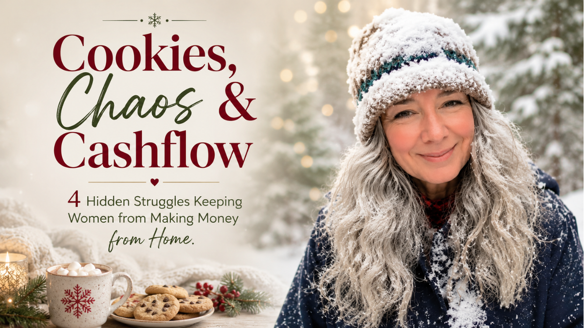 Smiling silver-haired Roxanne Lynch in a snowy winter scene with festive holiday styling, featured blog banner for “Cookies, Chaos & Cashflow: 4 Hidden Struggles Keeping Women from Making Mon