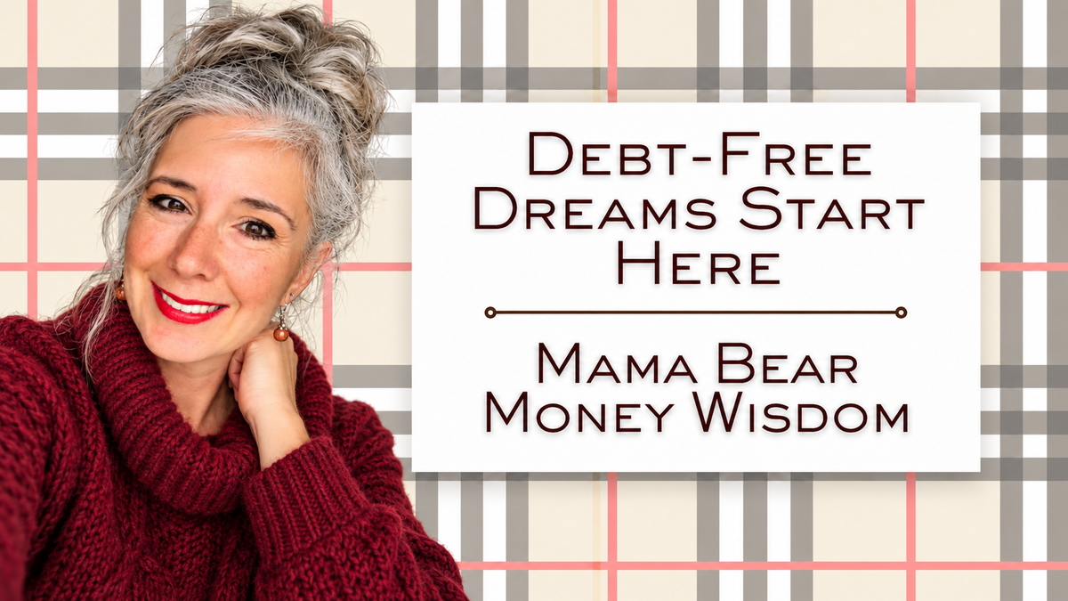 Winter blog banner featuring Roxanne Lynch smiling beside the text “Debt-Free Dreams Start Here. Mama Bear Money Wisdom” on a soft plaid background.  