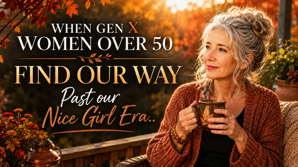 Gen X woman over 50 with silver hair holding a coffee on an autumn porch, reflecting on moving beyond her nice girl era and creating a life on her own terms.