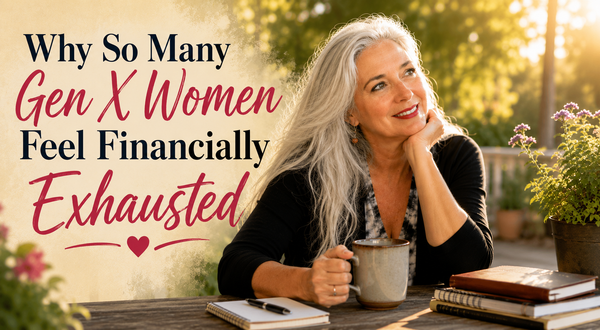 Roxanne Lynch, Gen X woman relaxing outdoors with coffee in warm morning light beside talking about financial exhaustion and making extra money from home solutions.