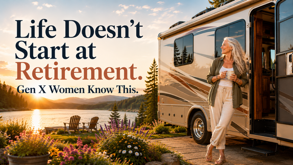 Blog banner of a silver-haired Gen X woman beside her motorhome at a mountain lake with the message about making extra money from home and creating freedom before retirement.
