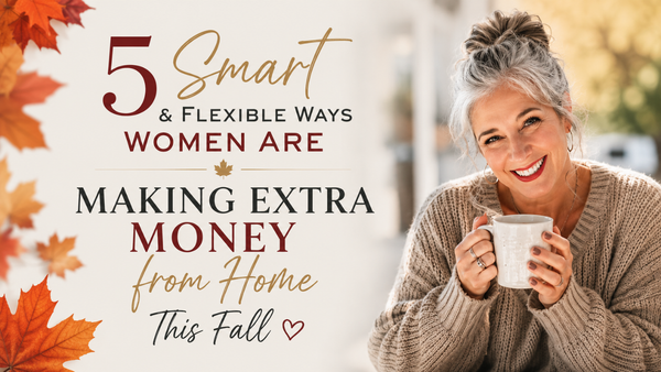 miling woman over 50 holding a coffee mug beside text reading 5 smart and flexible ways women are making extra money from home this fall, with autumn maple leaves.