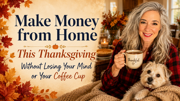 Thanksgiving blog banner with Roxanne Lynch holding a thankful mug beside Lexi, framed by autumn leaves and warm fall décor.