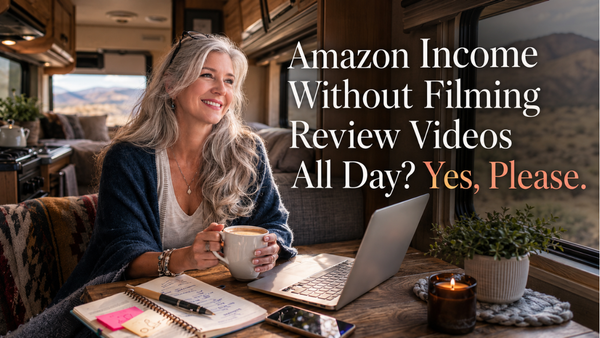 Roxanne Lynch working on a laptop to make money with Amazon in a cozy motorhome with coffee, notebook, and mountain view.
