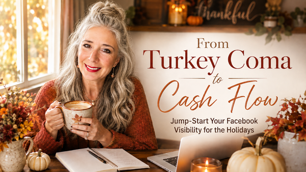 Roxanne Lynch with silver half-up hair holding a mug at a cozy autumn workspace with laptop and notebook.