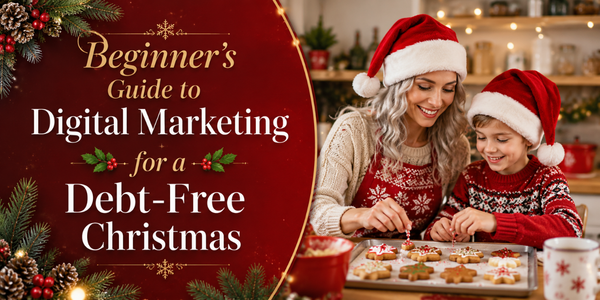 Silver-haired woman baking Christmas cookies with a child beside a festive Debt-Free Christmas digital marketing banner.