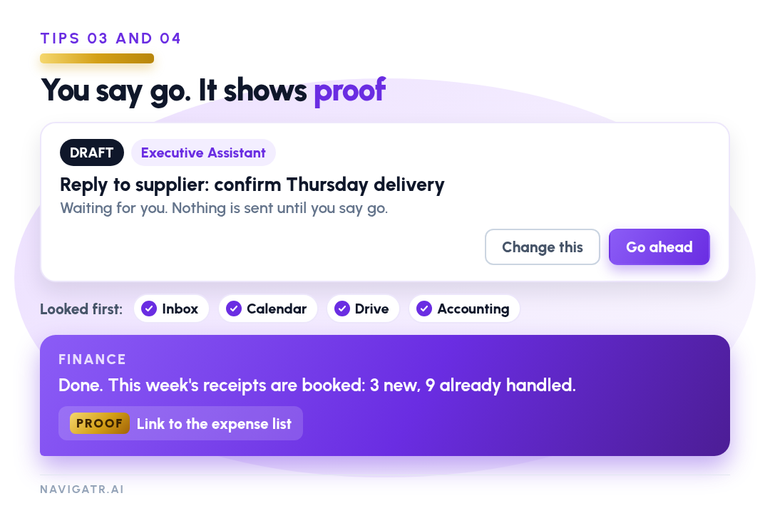 A draft reply waiting for approval, and a Finance message showing proof that receipts are booked.