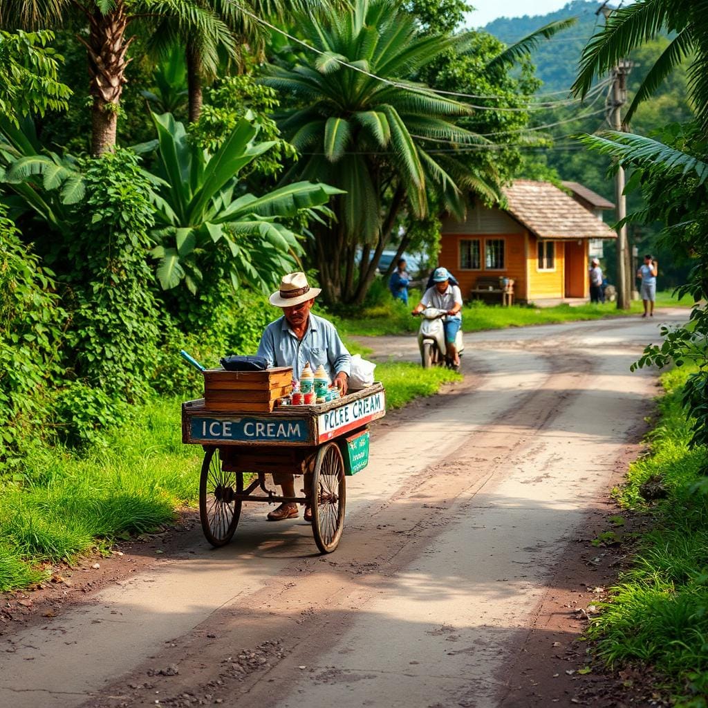 Représentation par intelligence artificielle d'un vendeur de glaces sur une route en terre battue a Mocoa.