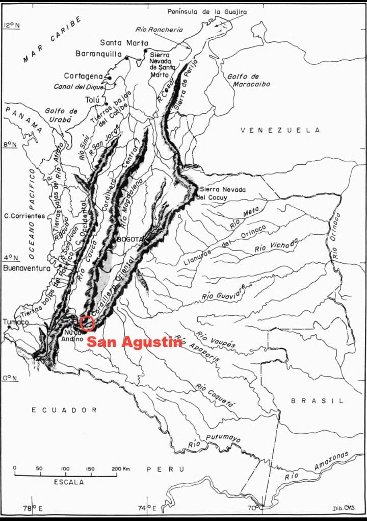 Carte de la Colombie avec la ville de San Agustín inscrite en rouge.