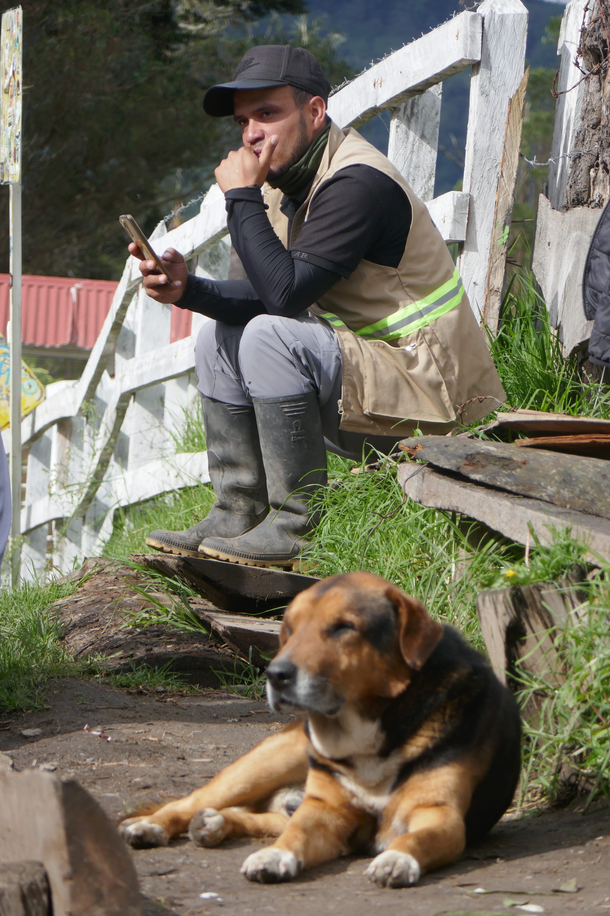 Un homme et un chien se reposent dans la vallée de Cocora en Colombie