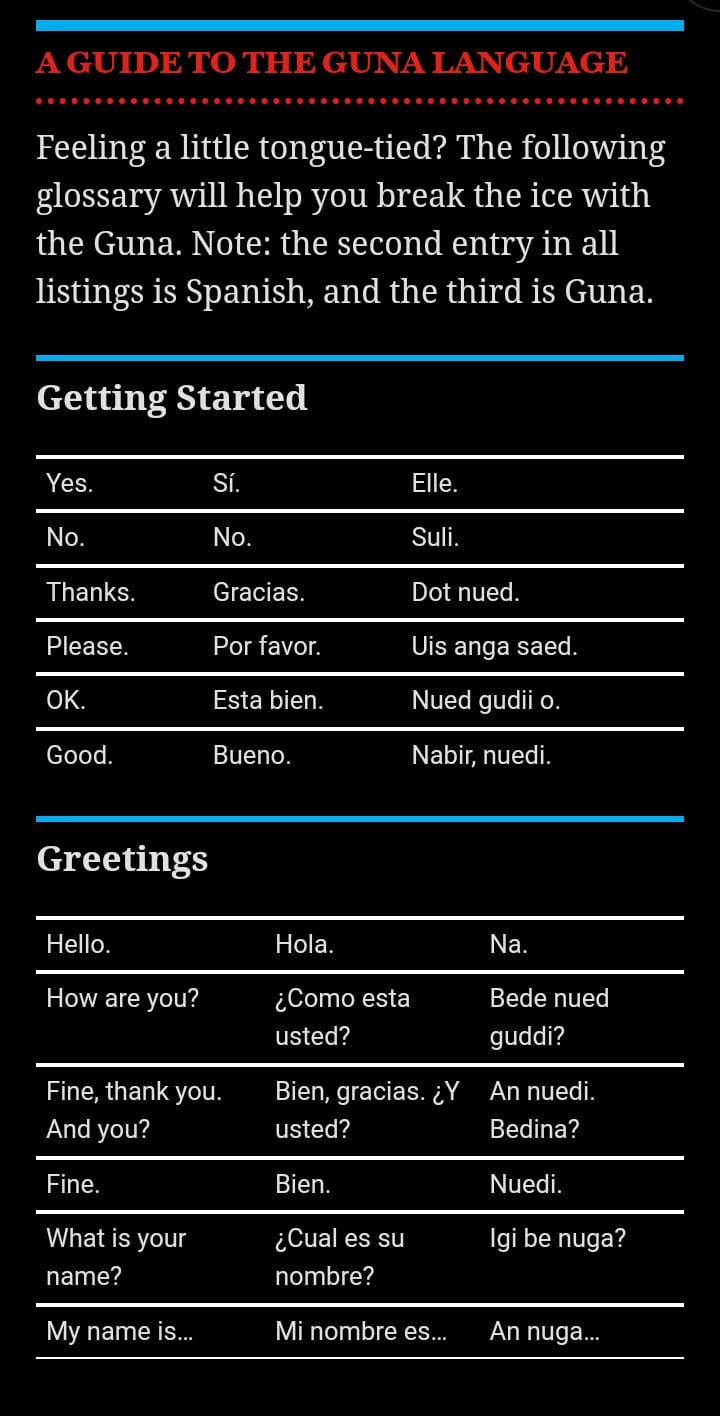 Guide de conversation pour la langue Guna des îles San Blas. 