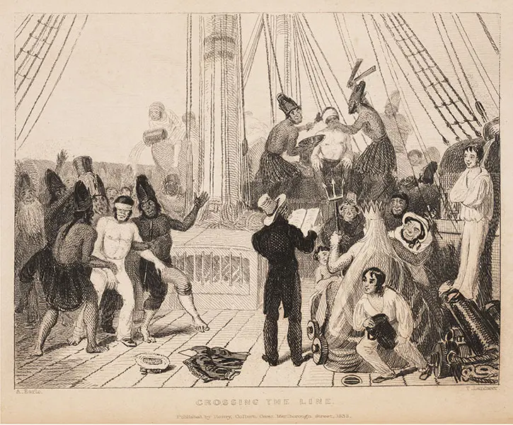 “Crossing the Line,” steel engraving after drawing by Augustus Earle, in Robert Fitzroy, Narrative of the Surveying Voyages of His Majesty's Ships Adventure and Beagle, 1839 (Linda Hall Library)