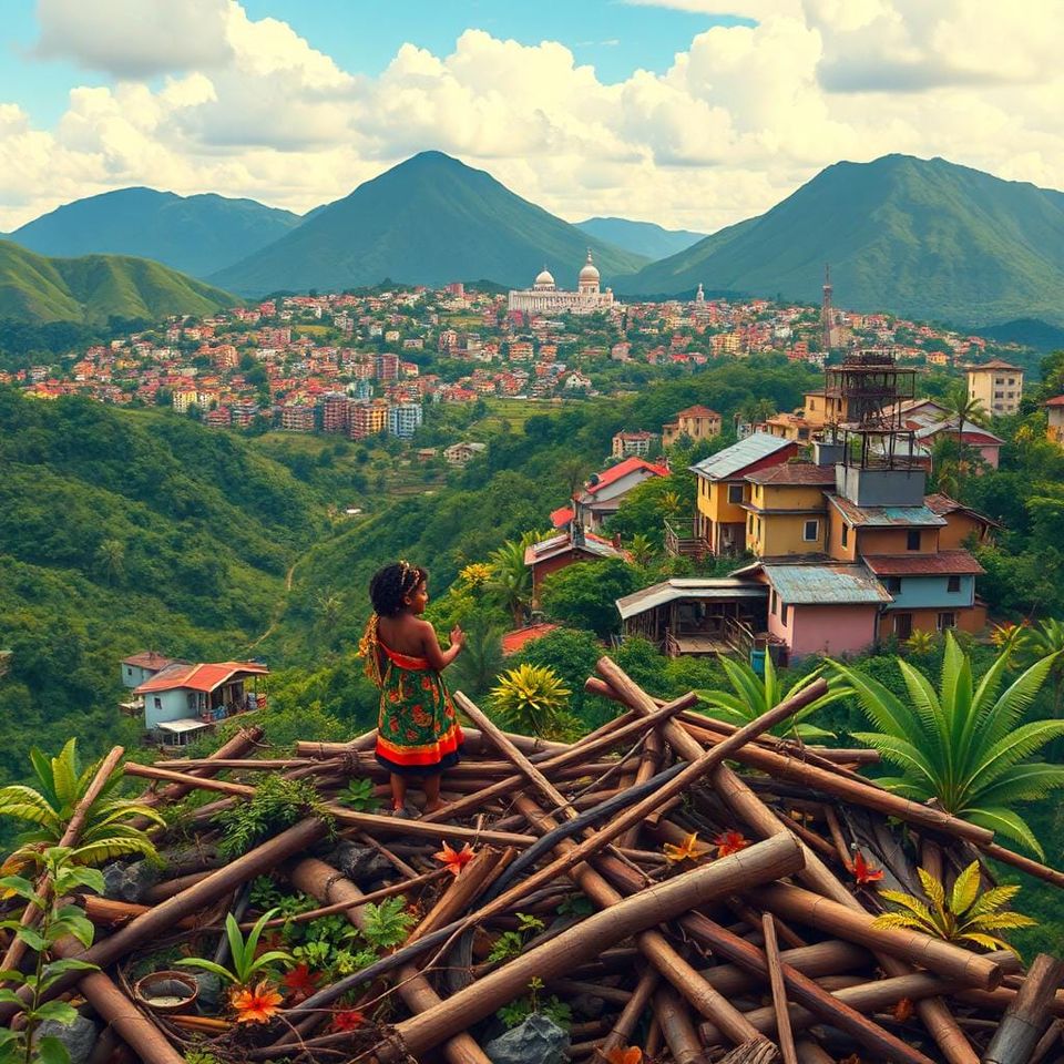 Une petite fille est debout dans les ruines d'une cabane effondrée dans la ville de Mocoa en Colombie.