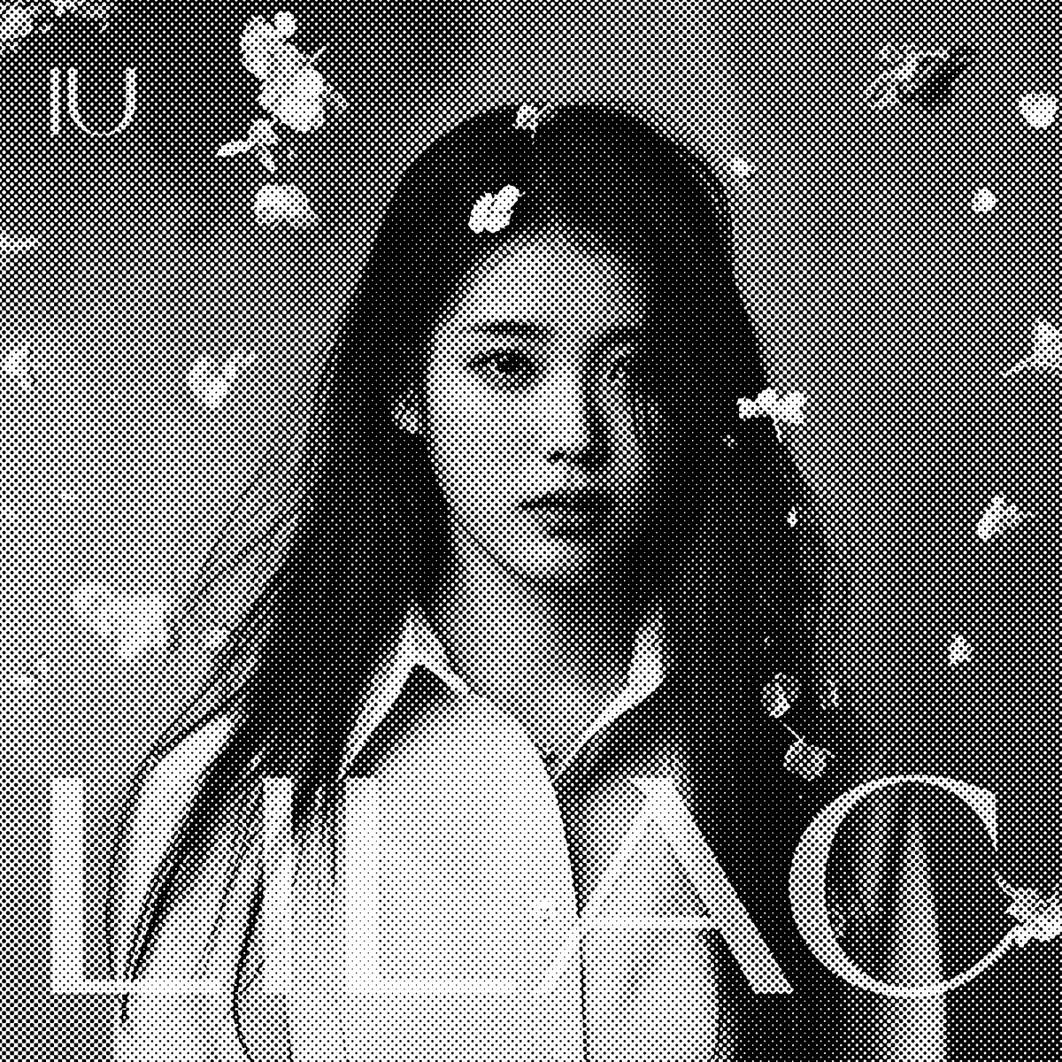 "Lilac" Album cover by K-pop artist IU - Black and white halftone of IU with flowers falling around her