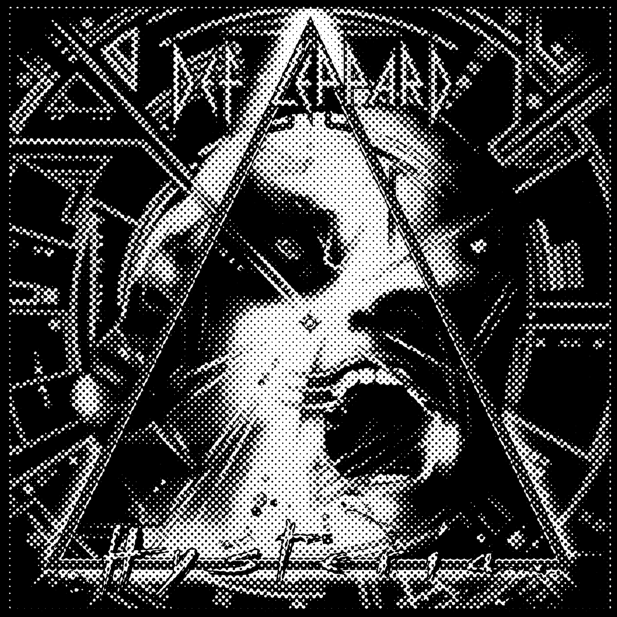 Black and white image of the Hysteria album cover