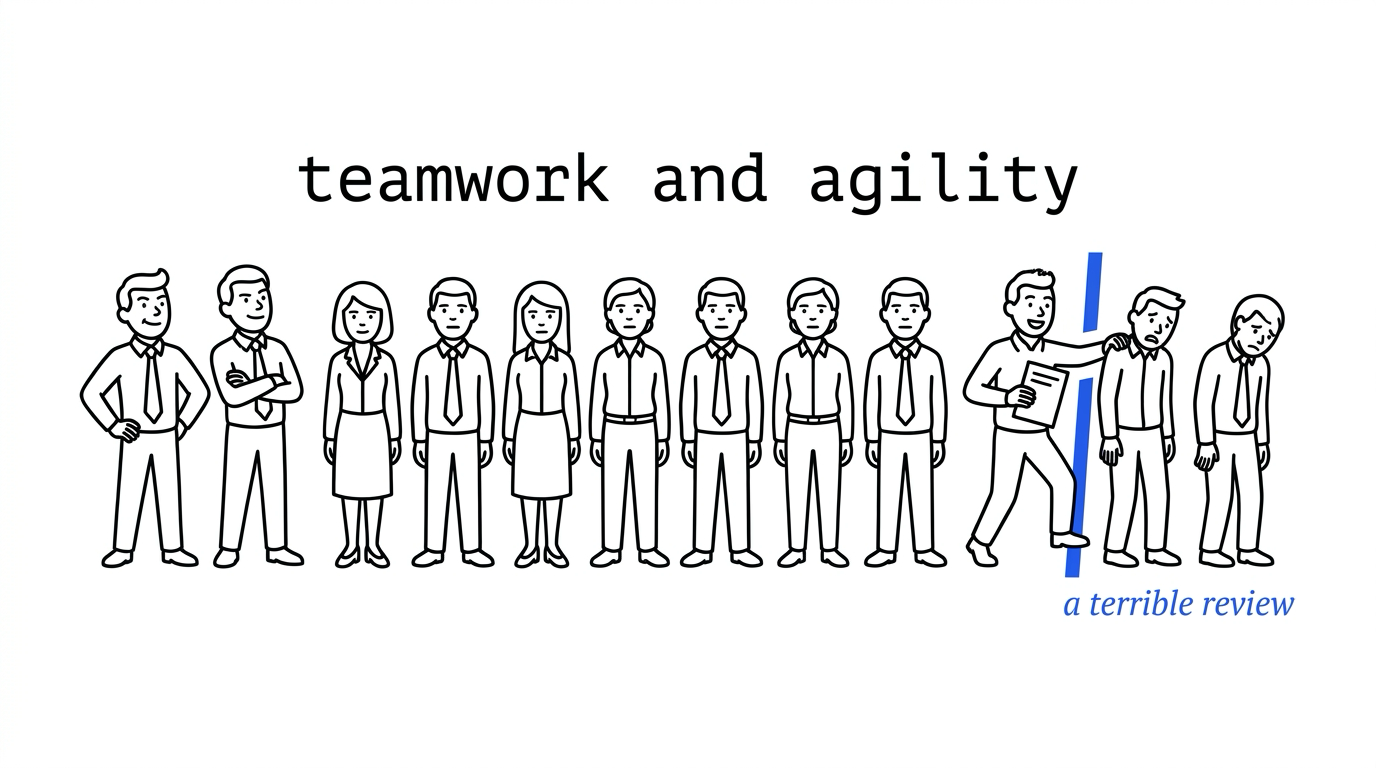 A row of identical workers stands under the words teamwork and agility. A blue slash falls before a manager with a review sheet, and the shoved workers slump beside the blue words a terrible review.