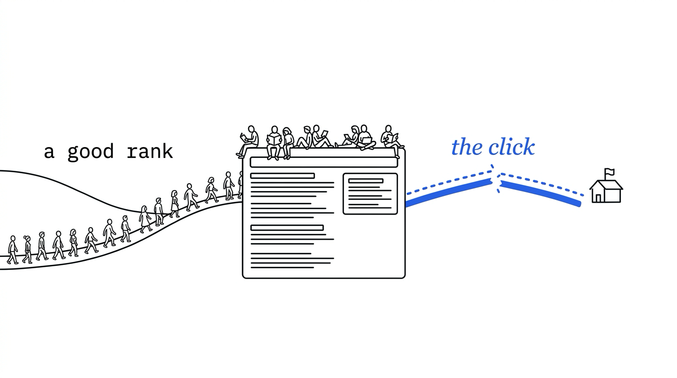 A long line of small people walks up a curved path under the words a good rank and stops at a large results page, where they sit on top of it and read. To the right, a blue path toward a small house with a flag breaks in the middle under the blue words the click, and nobody walks on it.