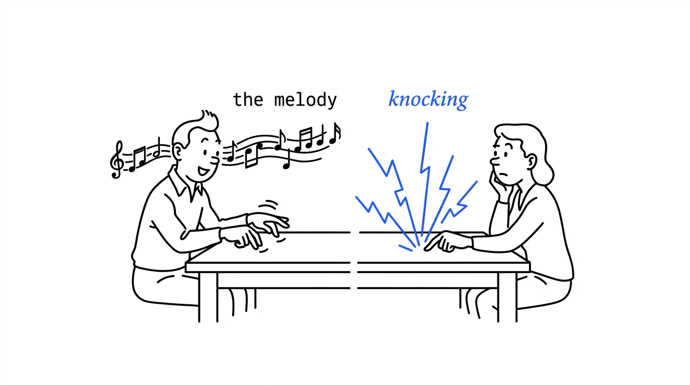 A smiling man taps his fingers on one side of a table while black music notes stream around his head, under the words the melody. Across a gap in the table, a puzzled woman rests her chin in her hand, and blue jagged lines rise from the table beside the blue word knocking.
