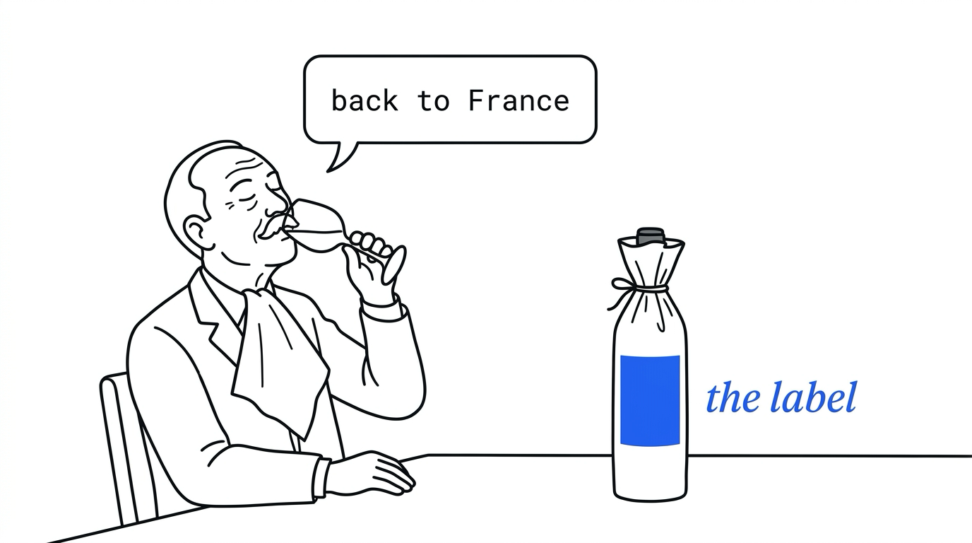 A man in a suit with a napkin at his collar sips from a wine glass, eyes closed, and a speech balloon says back to France. On the table beside him stands a bottle wrapped in paper and tied at the neck, with a blank blue label, next to the blue words the label.