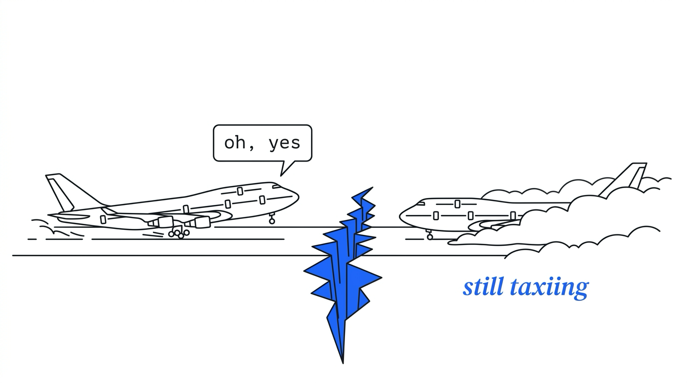 A clear-line jumbo jet lifts its nose off a runway with a speech bubble that says oh, yes. A blue jagged crack splits the runway in the middle. On the right, a second jet faces it on the same runway, half hidden in a bank of fog, above the blue words still taxiing.