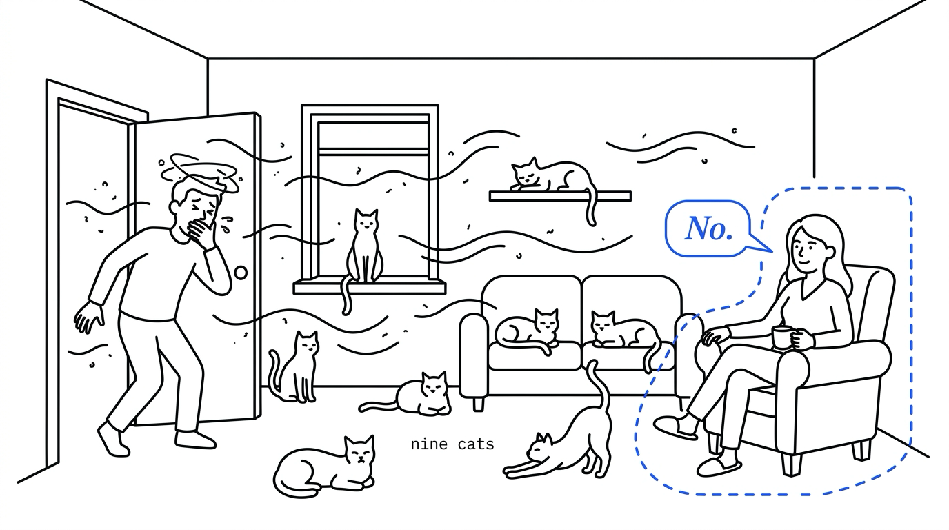 A clear-line living room full of cats and wavy smell lines. In the open doorway a man doubles over, hand over his mouth. In an armchair on the right a calm woman holds a mug inside a dashed blue boundary that the smell lines do not cross, and a blue speech balloon says No. The words nine cats sit on the floor among the cats.