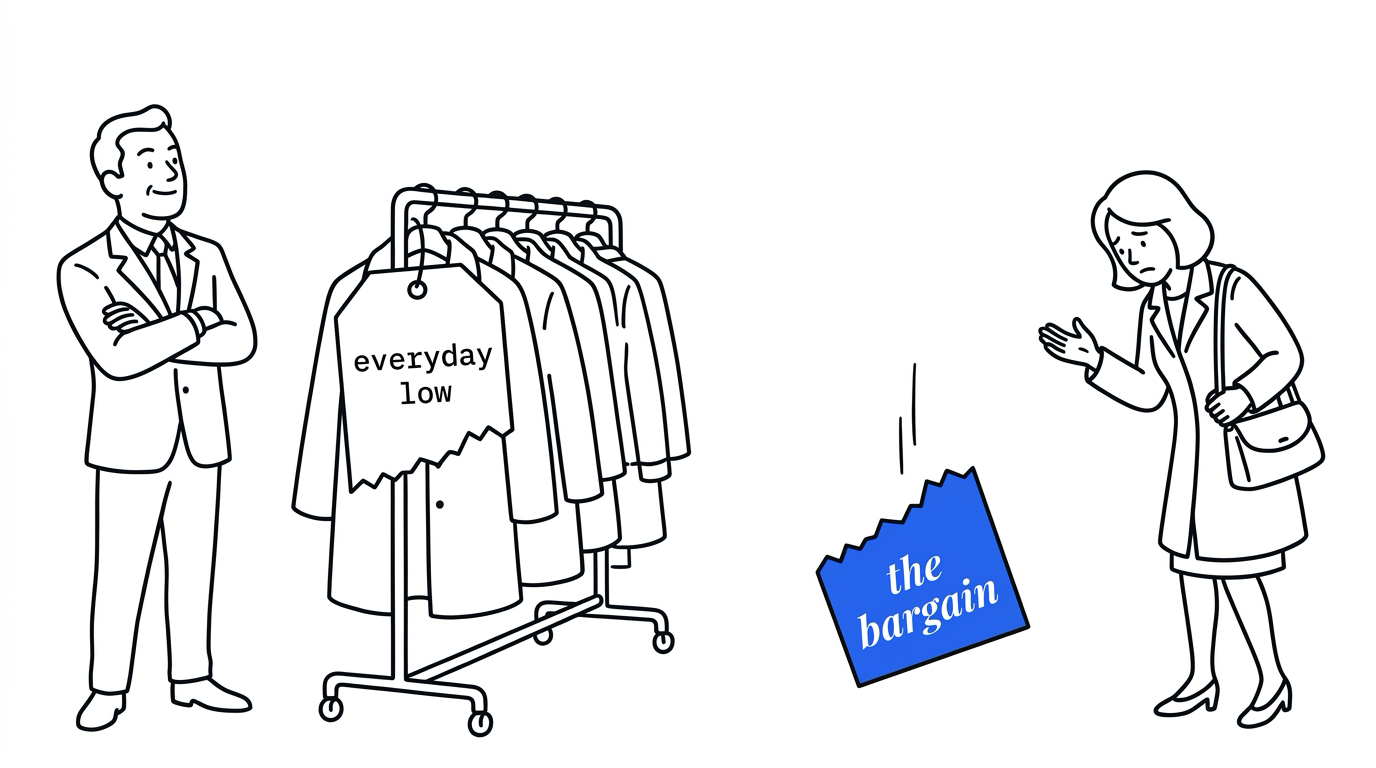 A smiling man in a suit stands with folded arms beside a clothes rack whose price tag reads everyday low. The bottom of the tag is torn away, and the blue torn piece, marked the bargain, falls toward a disappointed woman shopper with a handbag.