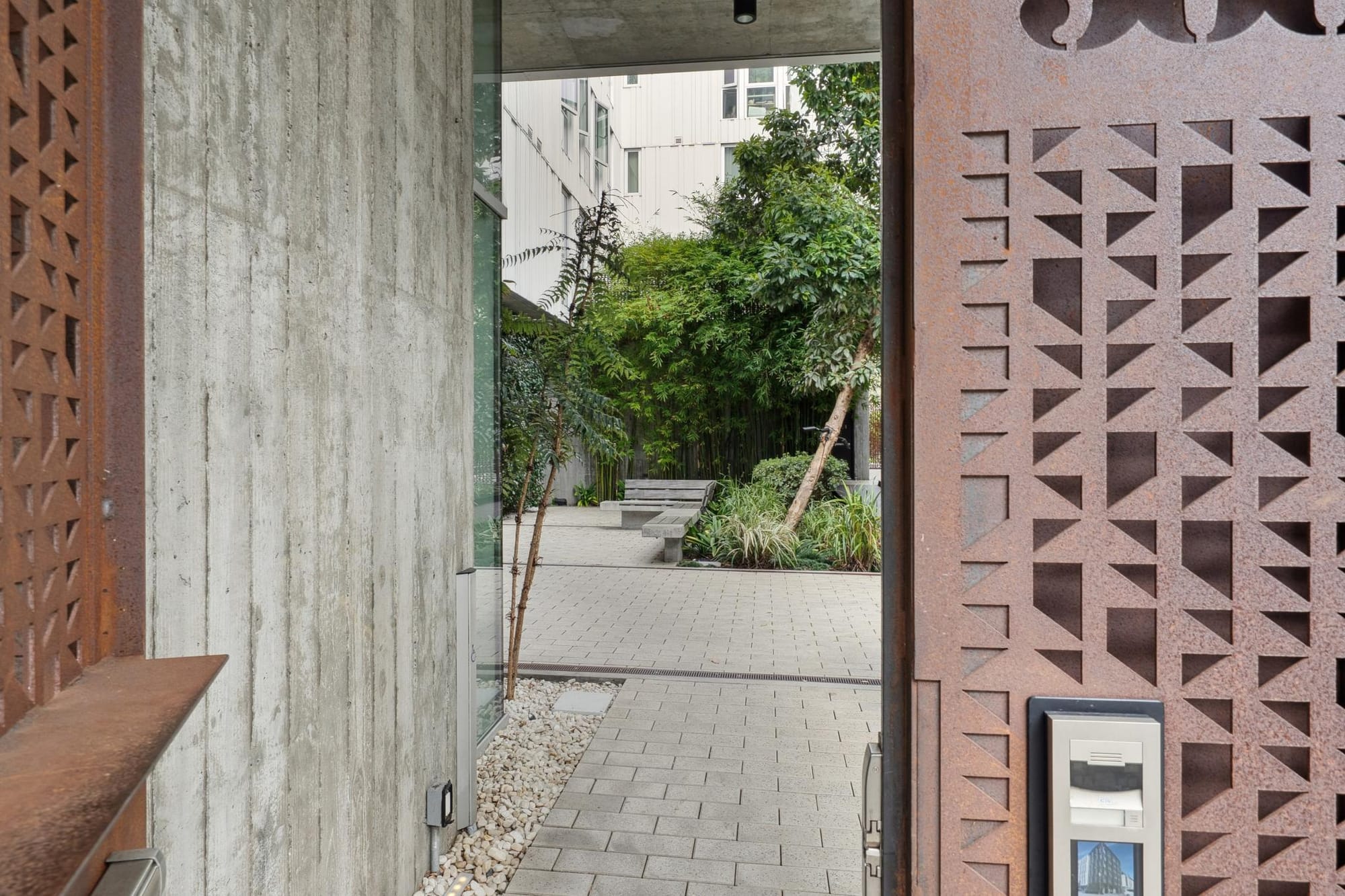 Entry path into the 388 Fulton courtyard