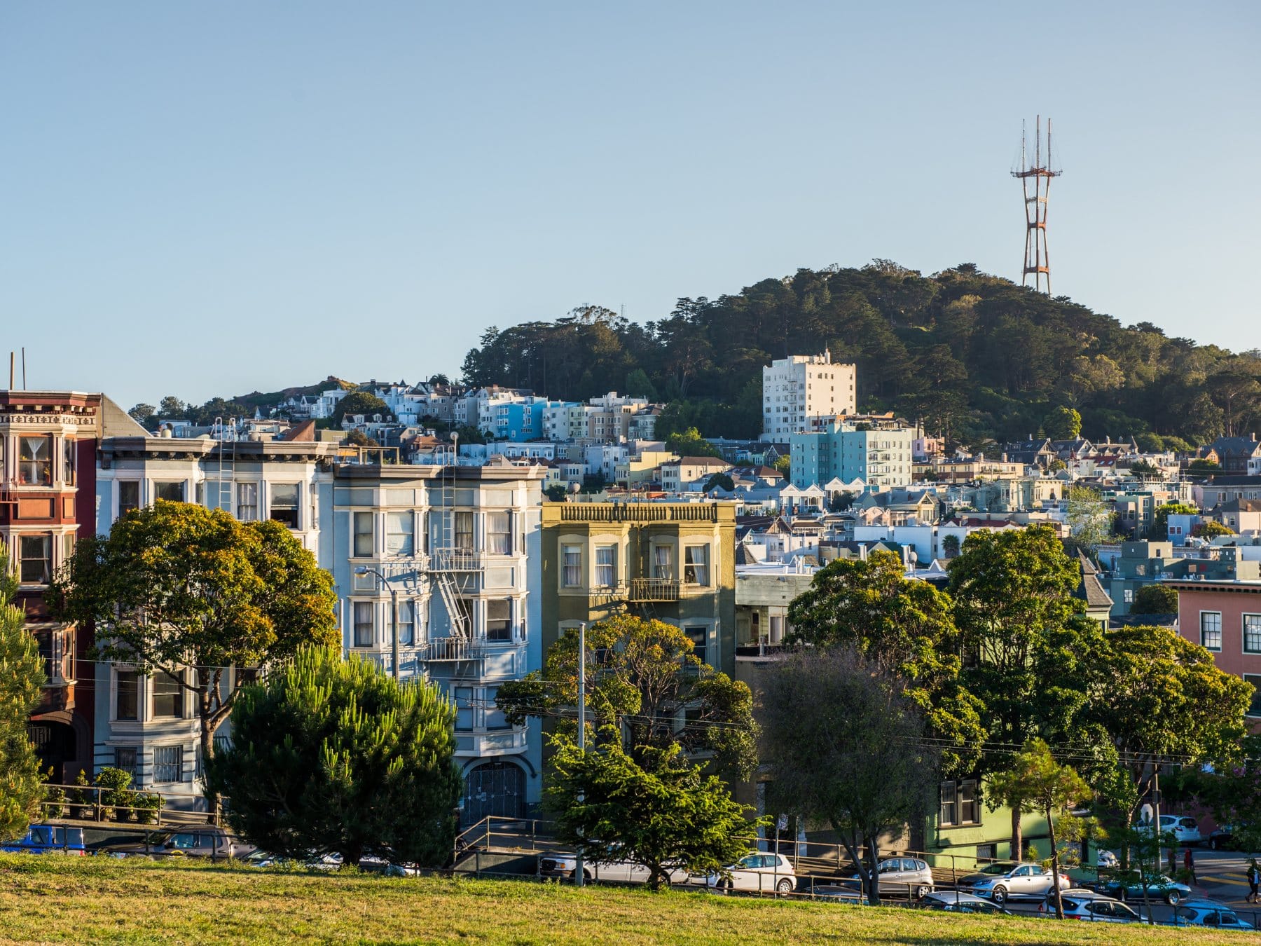 Victorian rooftops west of Alamo Square with Sutro Tower