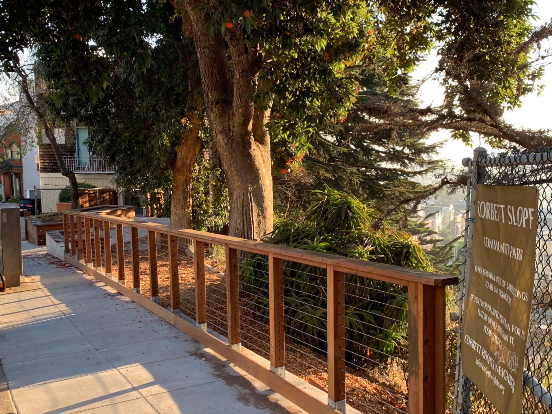 A wooden-railed path at the Corbett Slopes community park