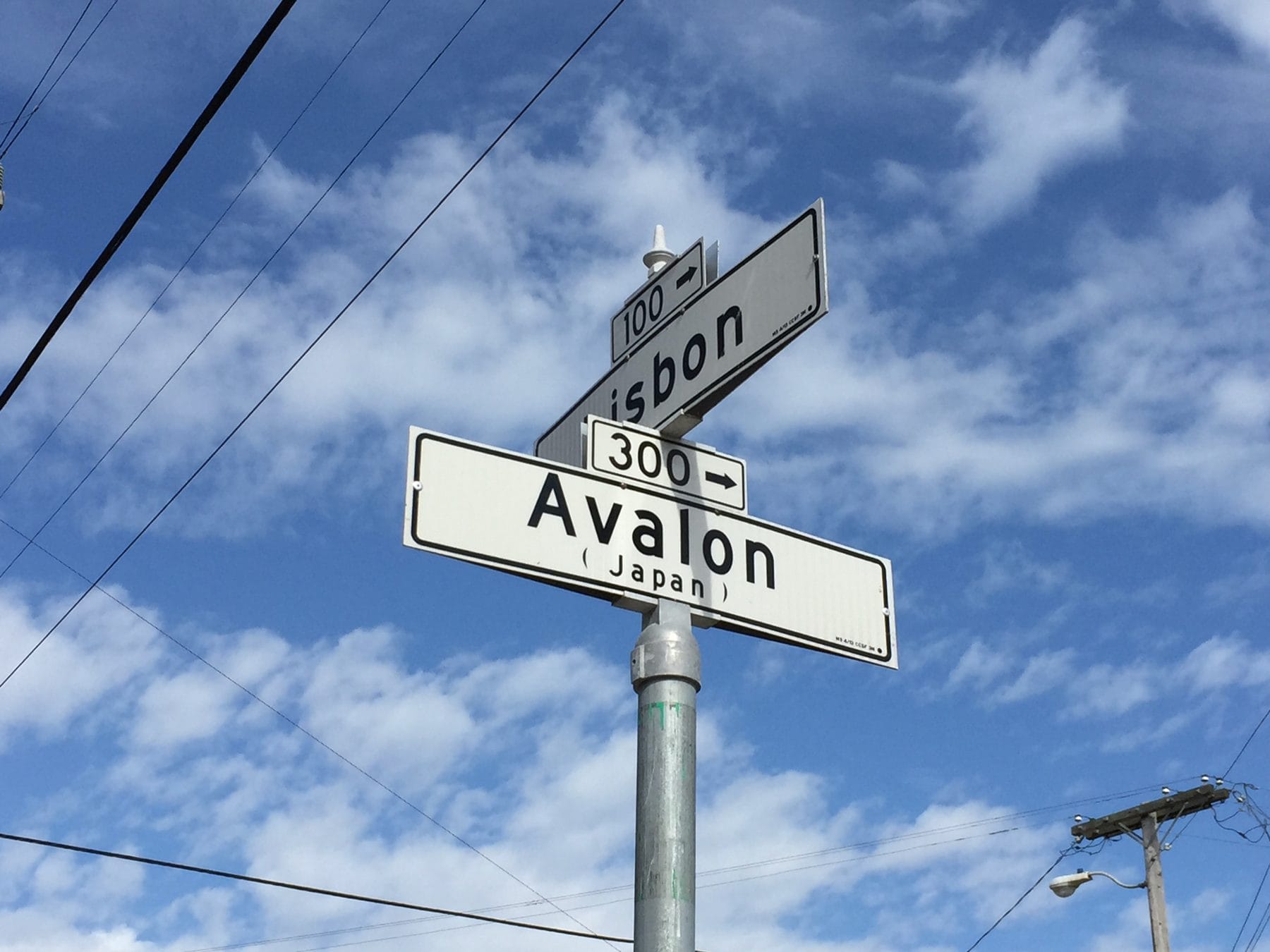 Street sign reading Avalon, with Japan in small type, at Lisbon Street