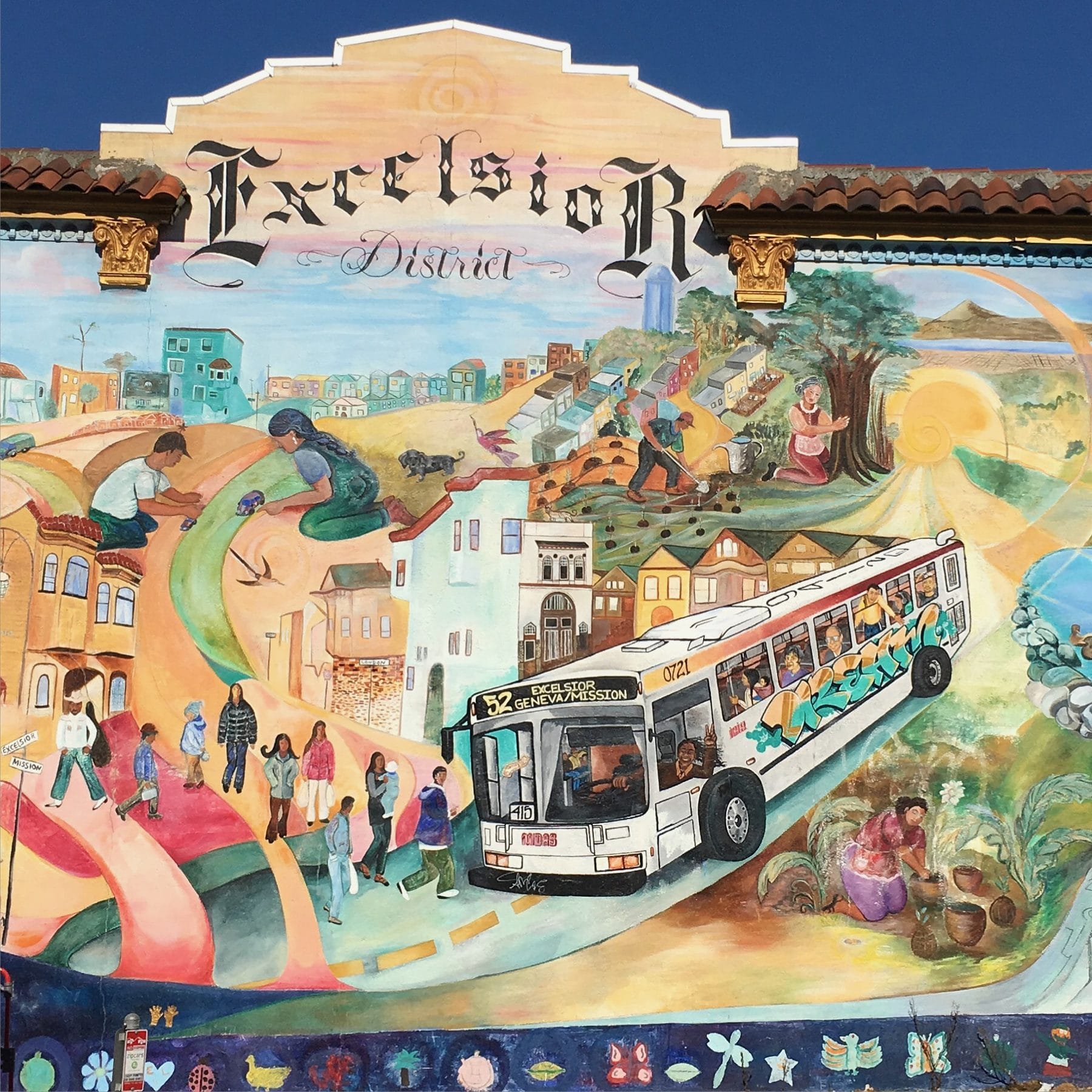 Colorful Excelsior District mural with a Muni bus