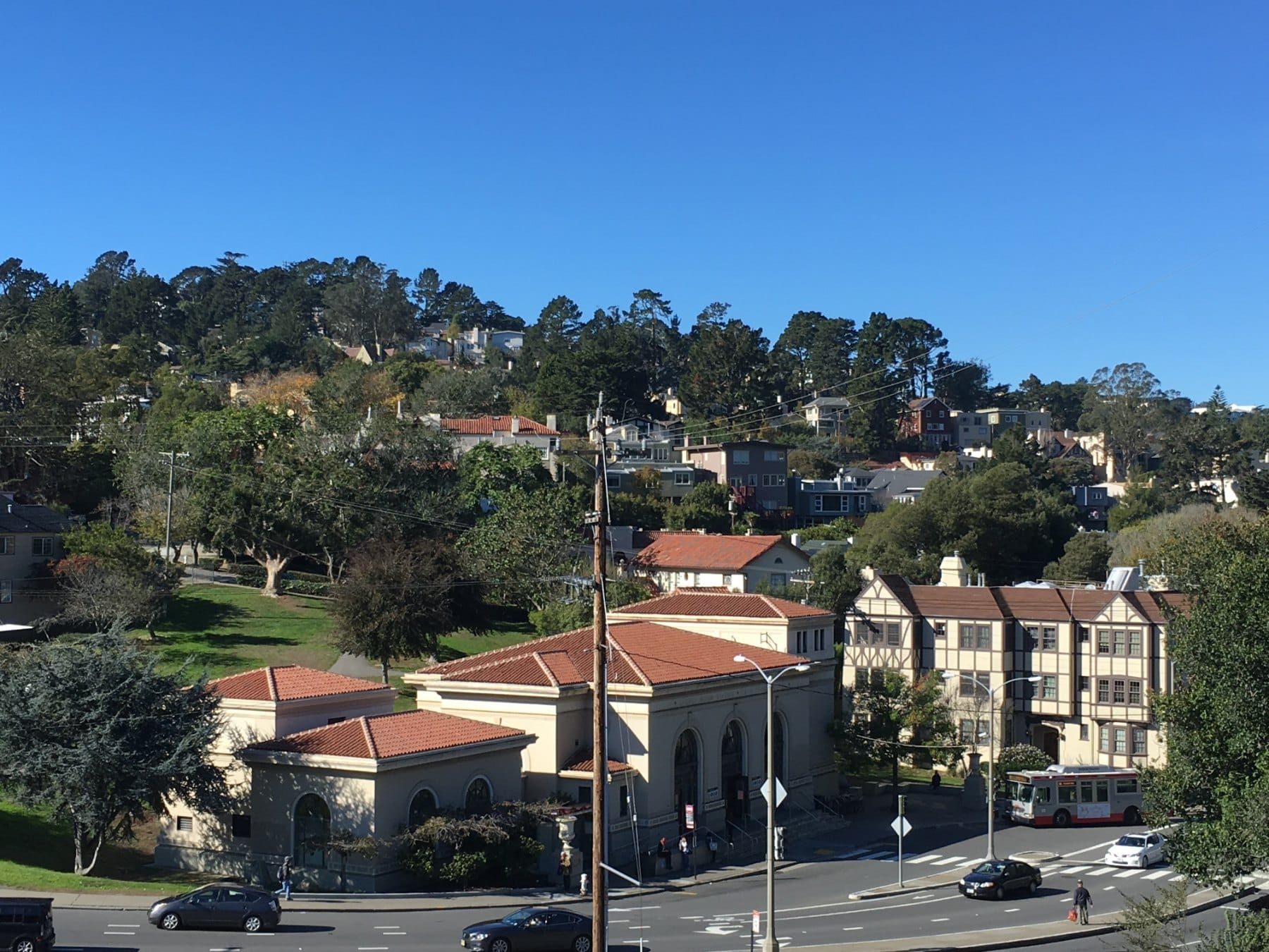 Looking across red-roofed homes and trees in Forest Hill