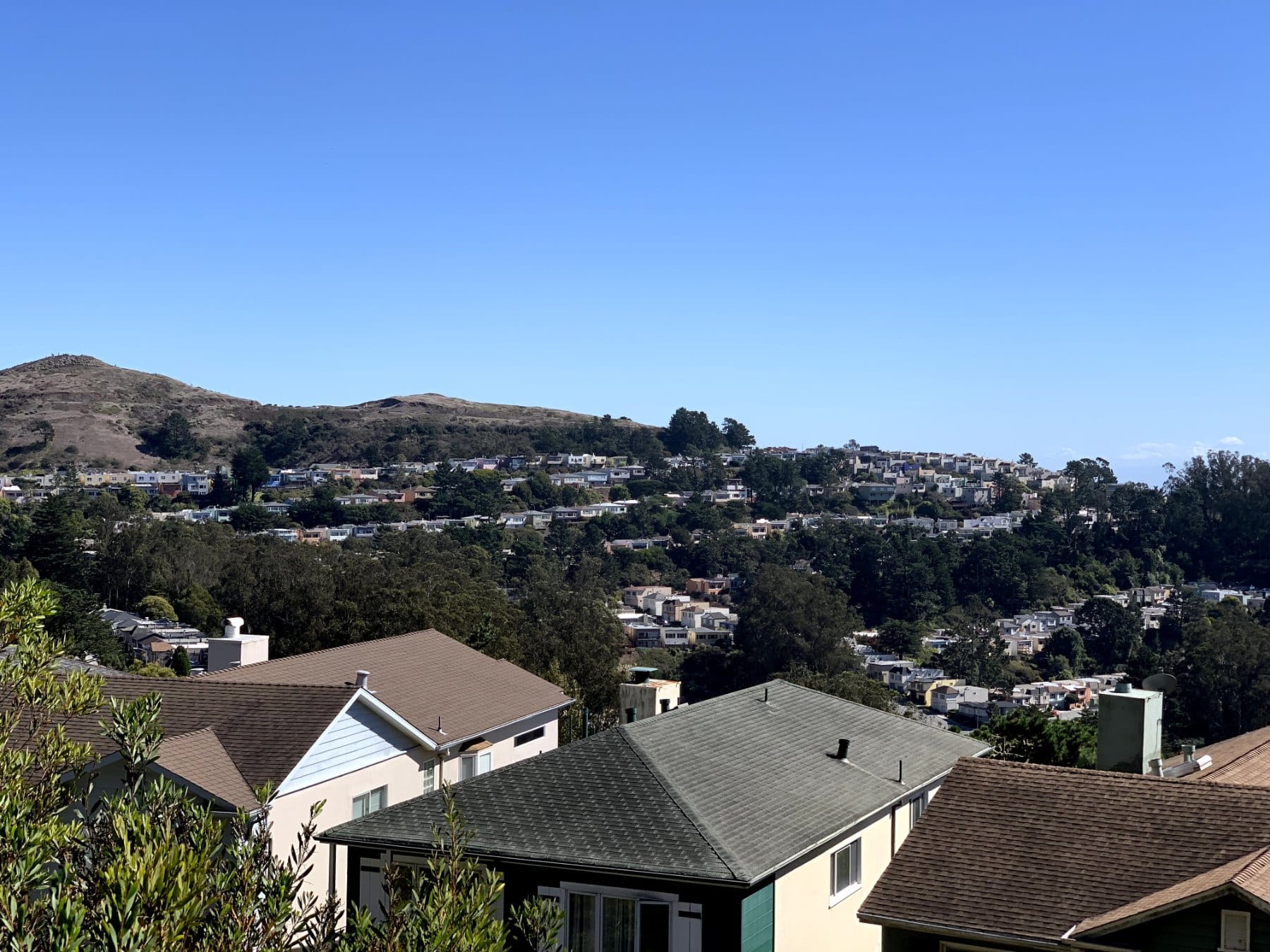 Looking across Forest Knolls rooftops toward Midtown Terrace
